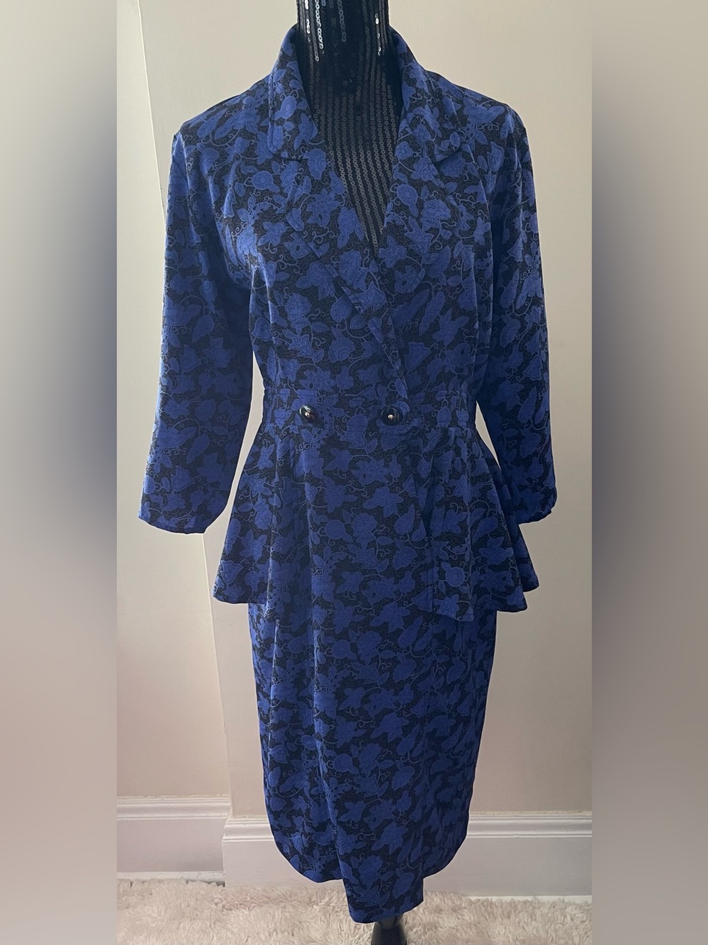 Lindor Vintage Blue & Black Floral Peplum Dress